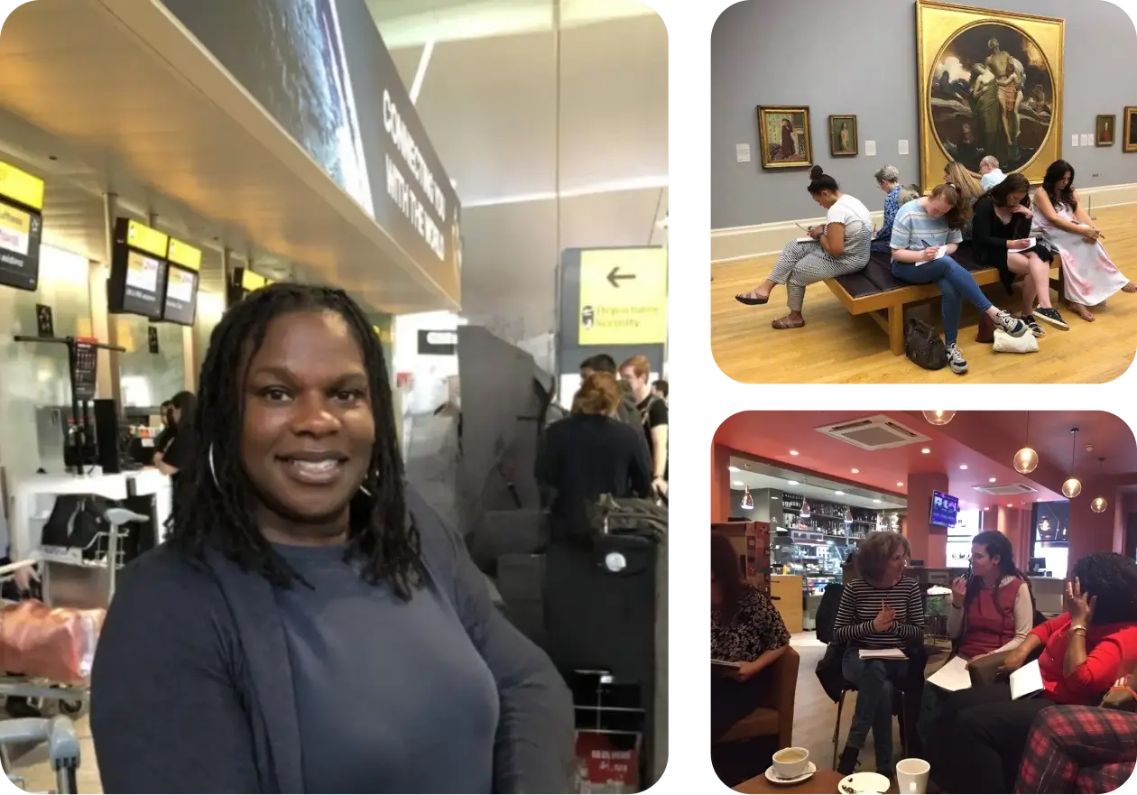Collage of traveler, museum visitors, cafe gathering